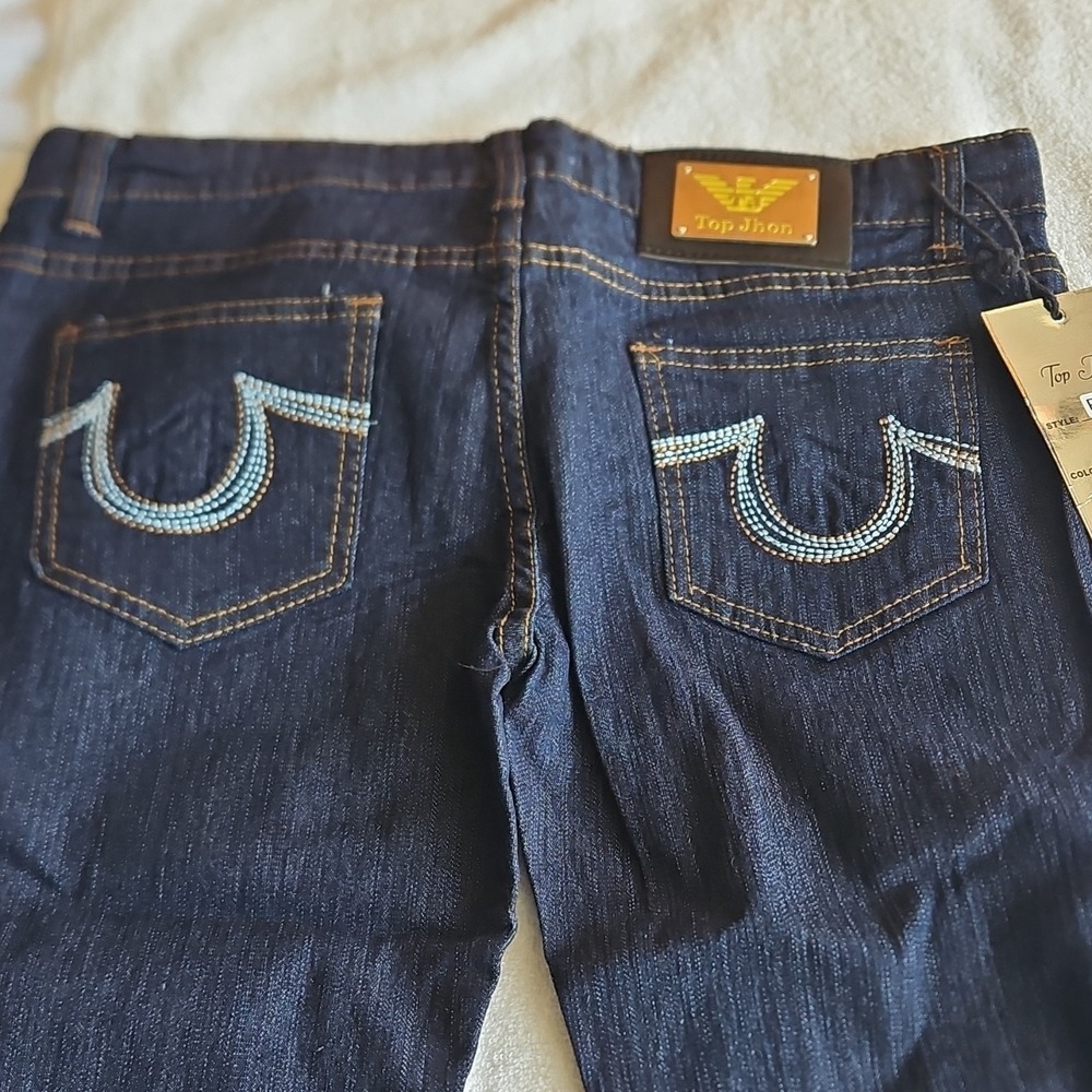 Top Jhon Dark Blue Denim Straight Jeans woman 5-Pocket Button Embroidered - Picture 5 of 12
